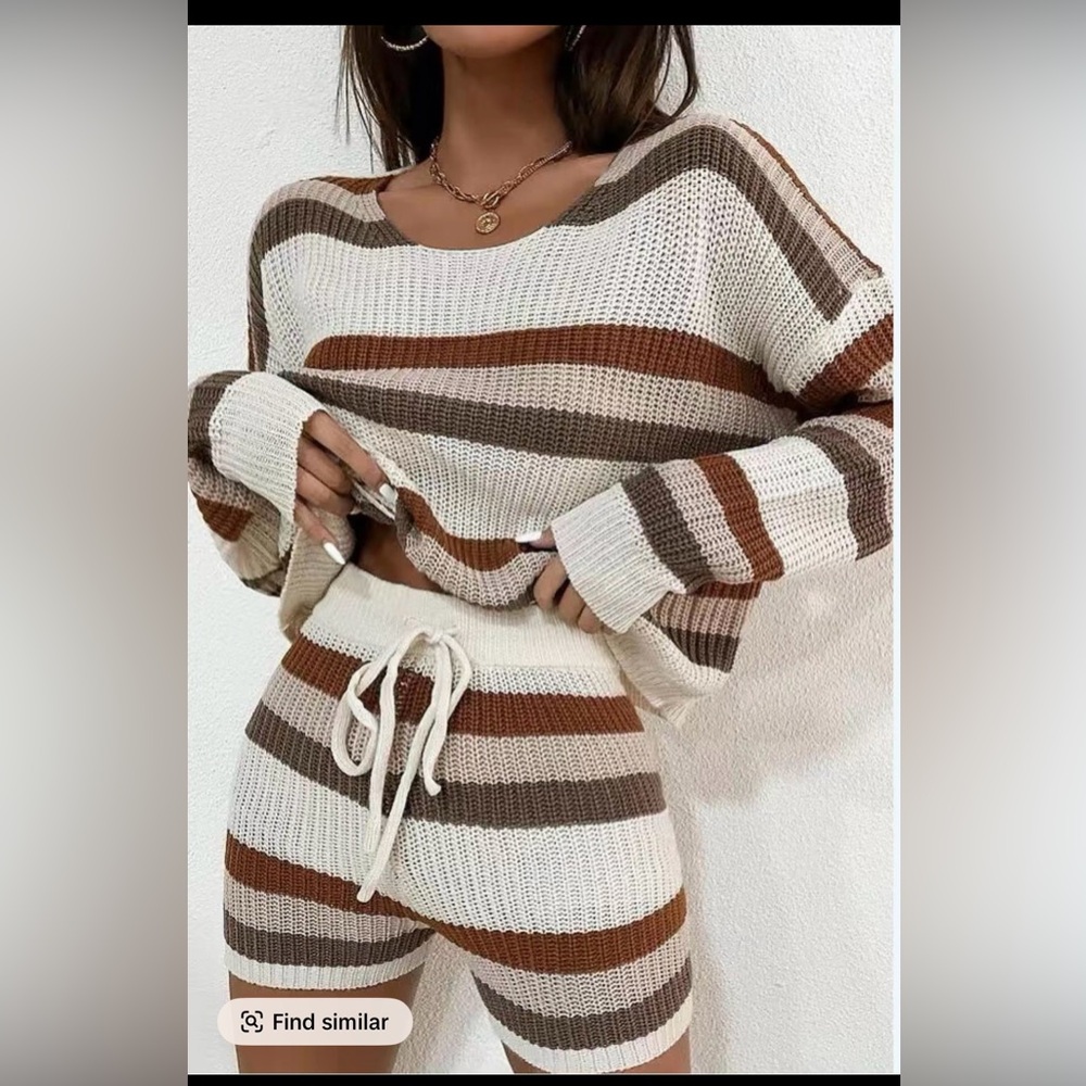 Women's Striped Print Two-Piece Set, Cozy Drop Shoulder Crop Sweater set, M, new